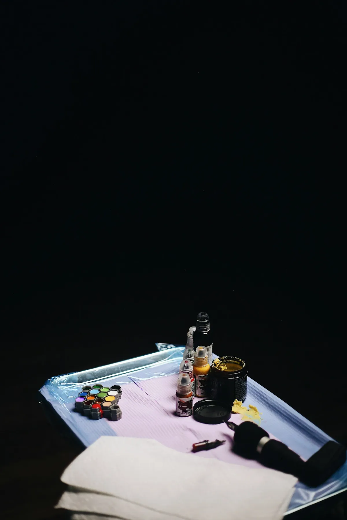 An ink tray, pigments laid out before a session